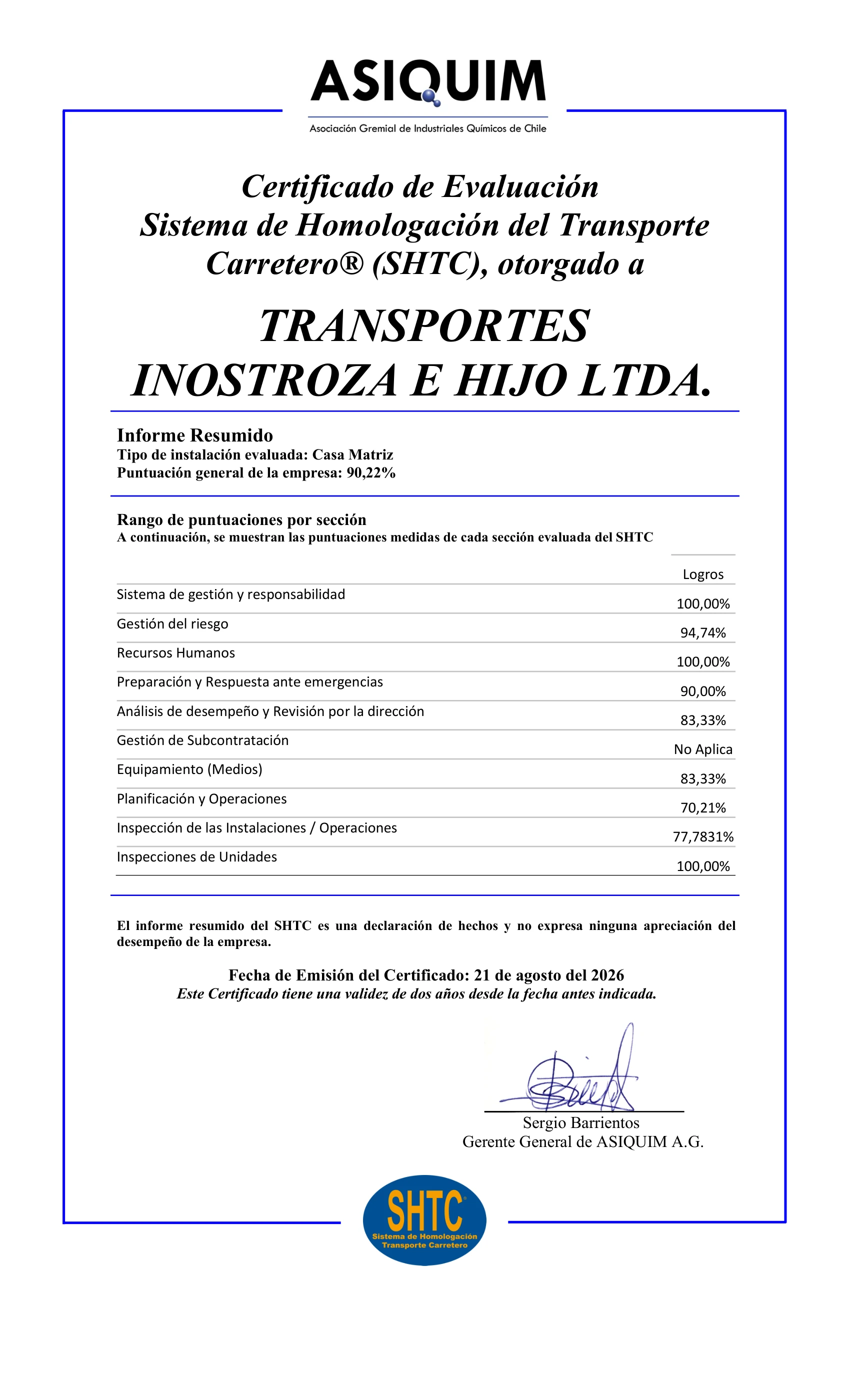 Certificado Oficial de Homologación ASIQUIM SHTC otorgado a Transportes Inostroza e Hijo Ltda